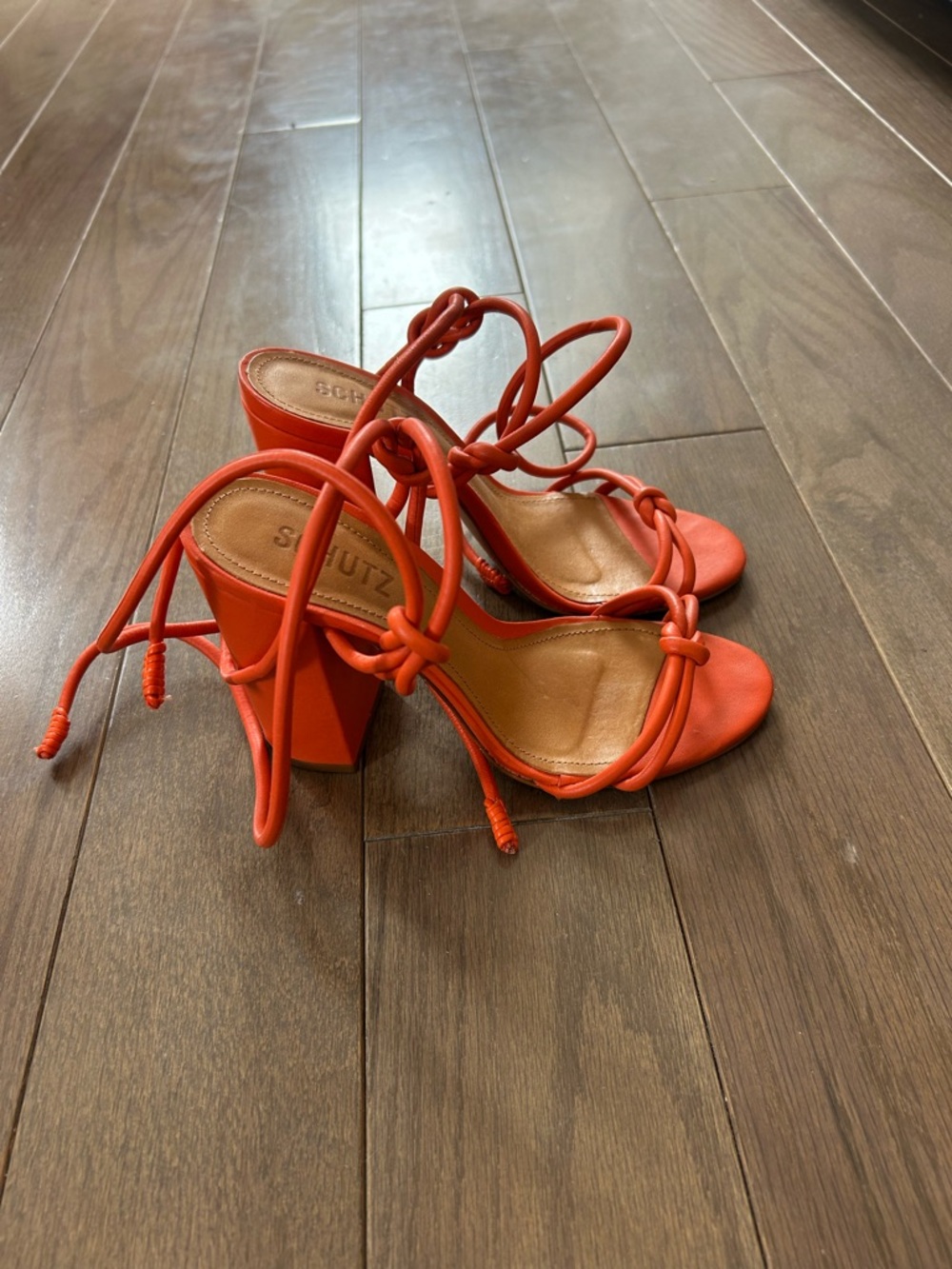 SCHUTZ Orange Lace-Up Knot Block Heel Sandals
